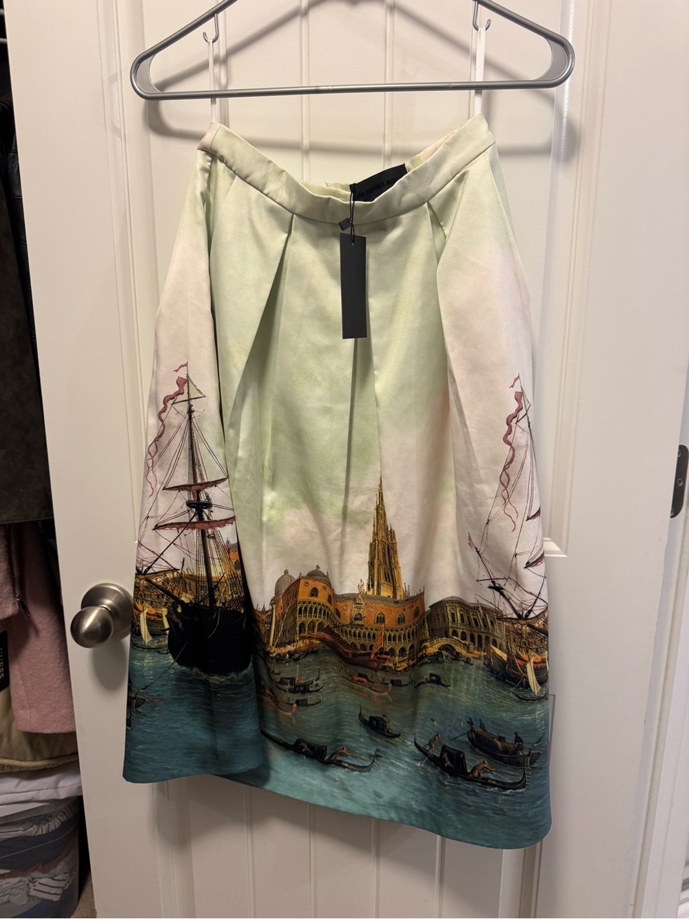 Blaque Label Scenic A-Line Midi Skirt in Light Green, Blue and Cream